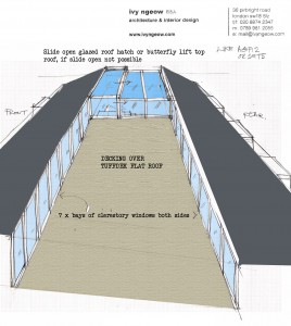Early design sketch of openable sliding rooflight and clerestory windows